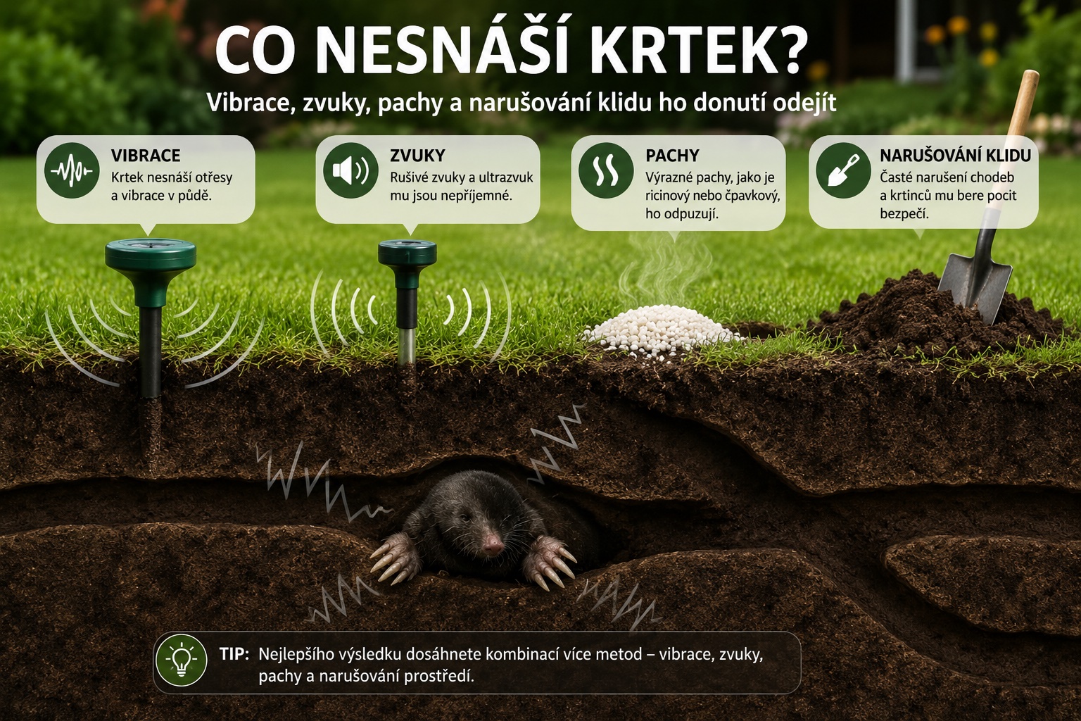 Krtince v trávníku na zahradě